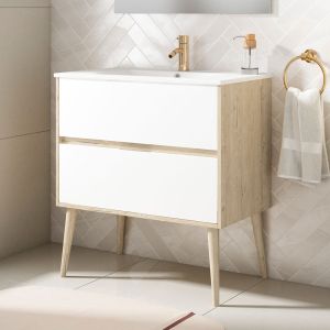 Mueble baño y lavabo noruega 70x45cm roble y blanco 2 caj. Suspen