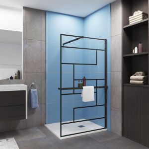 Mampara de ducha fija con estante-100x200cm-serigrafía-barra 73-120cm-negro