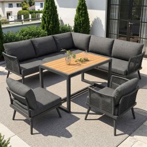 Sofá jardín en l modular hierro gris 7 plazas mesa centro cojines
