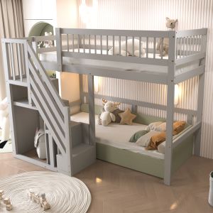 Cama de madera 90x200cm con escalera con almacenaje – gris
