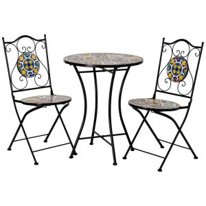 Conjunto de mesa y 2 sillas de metal amarillo 60x60x75h cm, 38x46x90h