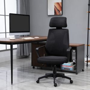 Silla de oficina ergonómica ajustable poliéster negra con reposacabezas