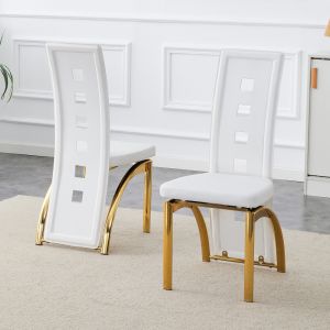 Silla de comedor piel sintética blanca set de 2 doradas perforado