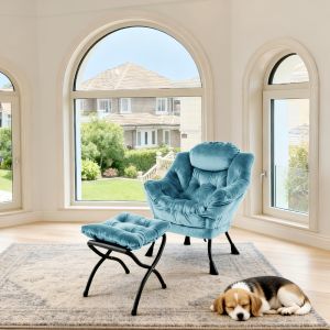 Sillón relax con reposapiés tela azul con bolsillo lateral