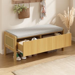 Banco zapatero bambú y mdf gris natural 113cm con 2 cajones