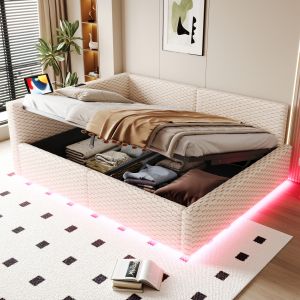 Cama tapizada 140x200cm LED usb tipo c y almacenaje beige