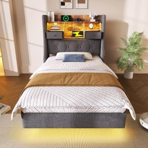 Cama 90x200cm con cabecero almacenaje LED usb-c gris