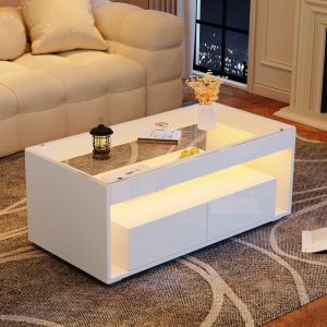 Mesa de centro con LED y 2 cajones blanco 40x100x50cm