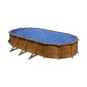 Piscina con pared de acero y chapa imitación madera, ovalada, con