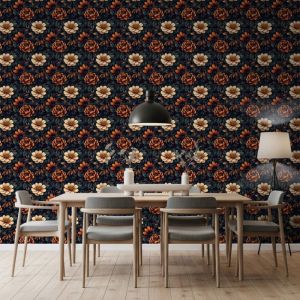 Papel floral elegante flores beige y naranja fondo negro 60cm por 300cm