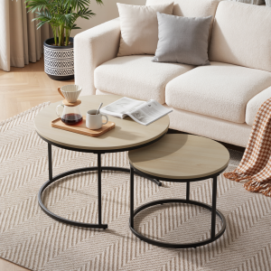 Set de 2 mesas de centro nido madera roble y metal negro 45x70x70cm