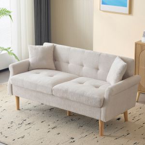 Sofa 2 plazas chenilla beige con cojines asiento grueso