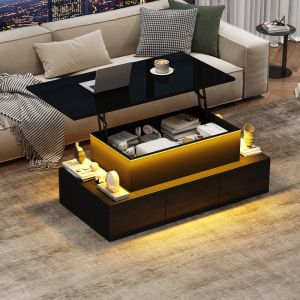 Mesa de centro elevable con LED y 4 cajones mdf negro 40x100x50cm