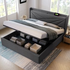 Cama tapizada 140x200cm canapé usb tipo c lino algodón gris