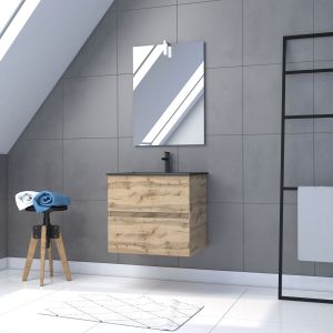 Mueble suspendido 60 cm roble + lavabo negro + espejo LED