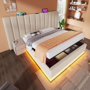 Cama 160x200cm con sommier y cabecero LED usb-c beige