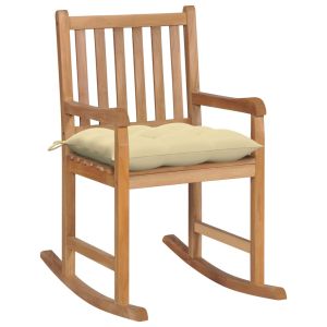 vidaXL silla mecedora de madera maciza de teca con cojín blanco crema