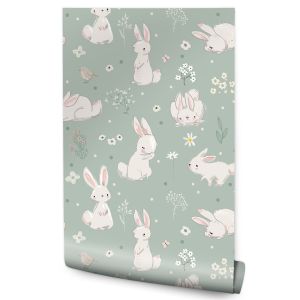 Papel Pintado Vilene Conejos Blancos Flores Adorables No Tejido 53cm x 10m
