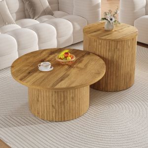 Mesa de centro redonda doble para salón mdf natural 36x75x75cm