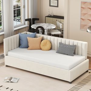 Sofá cama tapizado 90x200cm multifuncional con somier terciopelo – beige