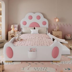 Cama infantil 90x200cm con tobogán y escalera blanca y rosa