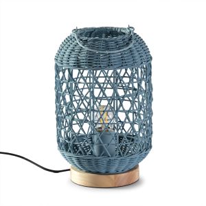 Lámpara de mesa jiro de ratán natural color azúl, diámetro 18 cm