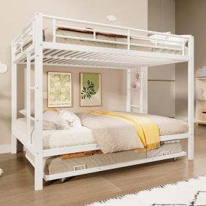 Litera 140x200 cm de metal con cama nido extensible, blanco