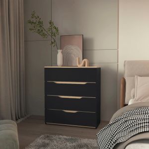 Comoda zoe en melamina, cuatro cajones con rieles metalicos