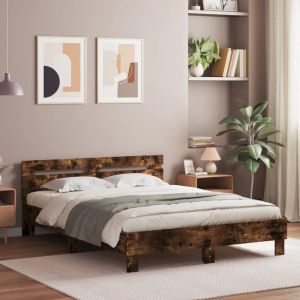 Cama cabecero y luces LED roble ahumado 140x200cm