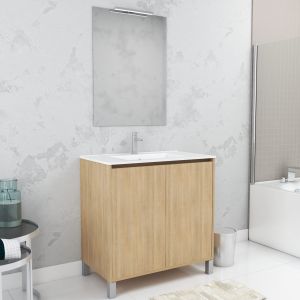 Pack mueble baño 80 cm roble claro 2 puertas lavabo espejo LED