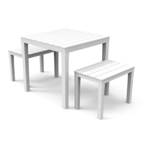 Conjunto de jardín exterior (2 bancos y 1 mesa), imitación madera, blanco