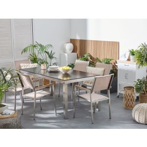 Conjunto de comedor exterior 6 plazas grosseto vidrio templado negro/beige