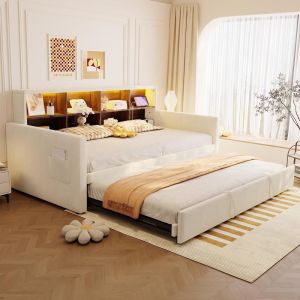 Sofá cama extensible 90x190cm con LED, usb-c y almacenaje beige