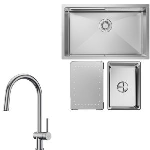 Fregadero de cocina de 70x44 cm, 1,5 senos, escurridor, grifo monomando ext