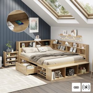 Cama 140x200 cm multifuncional con almacenaje y estantes madera – natural