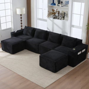 Sofá modular 4 plazas pana negro con 2 pufs y portavasos