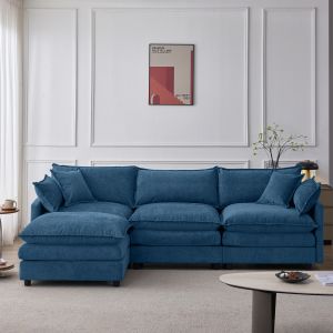 Sofá esquinero modular de chenilla azul de 3 plazas con chaise longue y puf