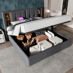 Cama 180x200cm algodón, carga inalámbrica usb-c, 4 estantes, gris