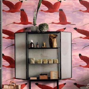 Papel pintado tropical rosa pájaros al atardecer