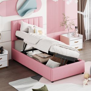 Cama tapizada 90x200cm con canapé hidráulico lino – rosa