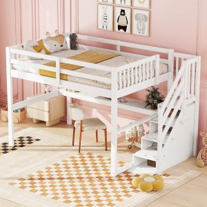 Cama alta 140x200cm con escritorio y almacenaje madera – blanco