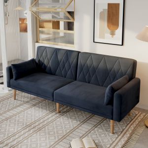 Sofá cama 2 plazas terciopelo negro respaldo ajustable con 2 cojines