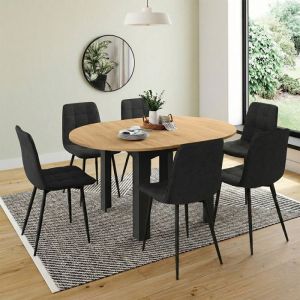 Conjunto de mesa redonda extensible - 6 sillas negras - 110-150 cm