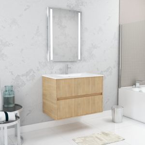 Pack mueble baño 80 cm roble claro 2 cajones + lavabo + LED