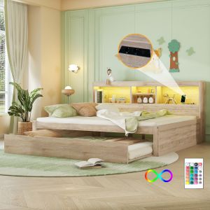 Sofá cama 140x200 cm con cama nido LED y usb madera – color natural