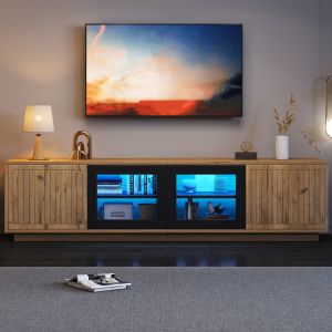 Mueble de tv con 4 puertas LED madera natural y negro 45x180x40cm