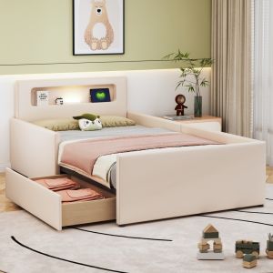 Cama tapizada 90x200cm con LED y usb polipiel – beige