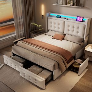 Cama tapizada 180x200 cm con LED, usb y 4 cajones algodón lino – beige