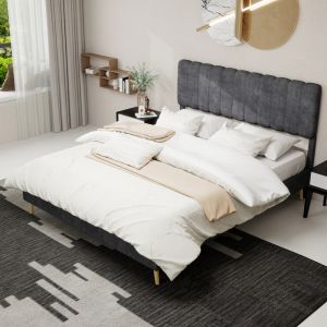 Cama doble 160x200 cm de terciopelo con cabecero suave y base baja – gris