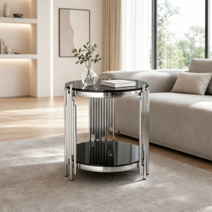 Mesa auxiliar redonda de 2 niveles cristal templado negro y plateado